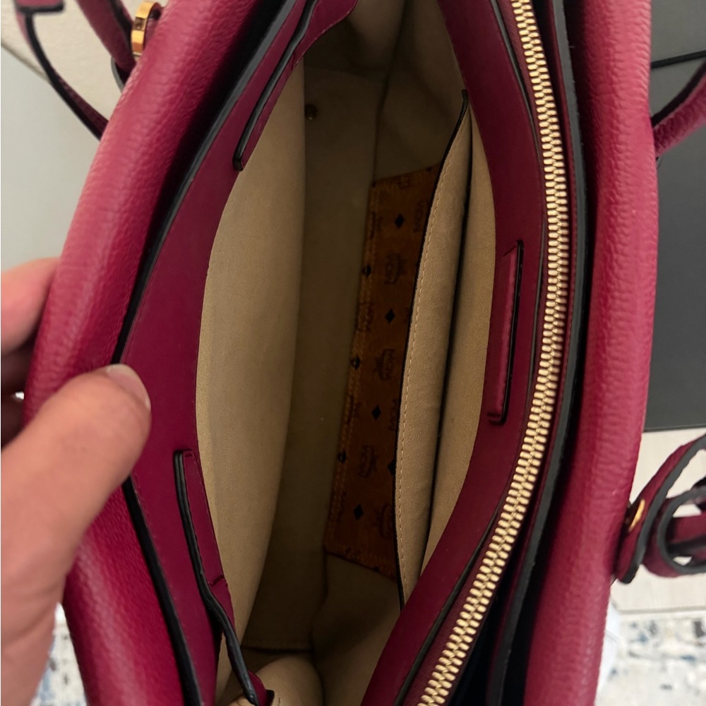 MCM Wine Red Pebbled Leather Top-Handle Satchel - Picture 6 of 8